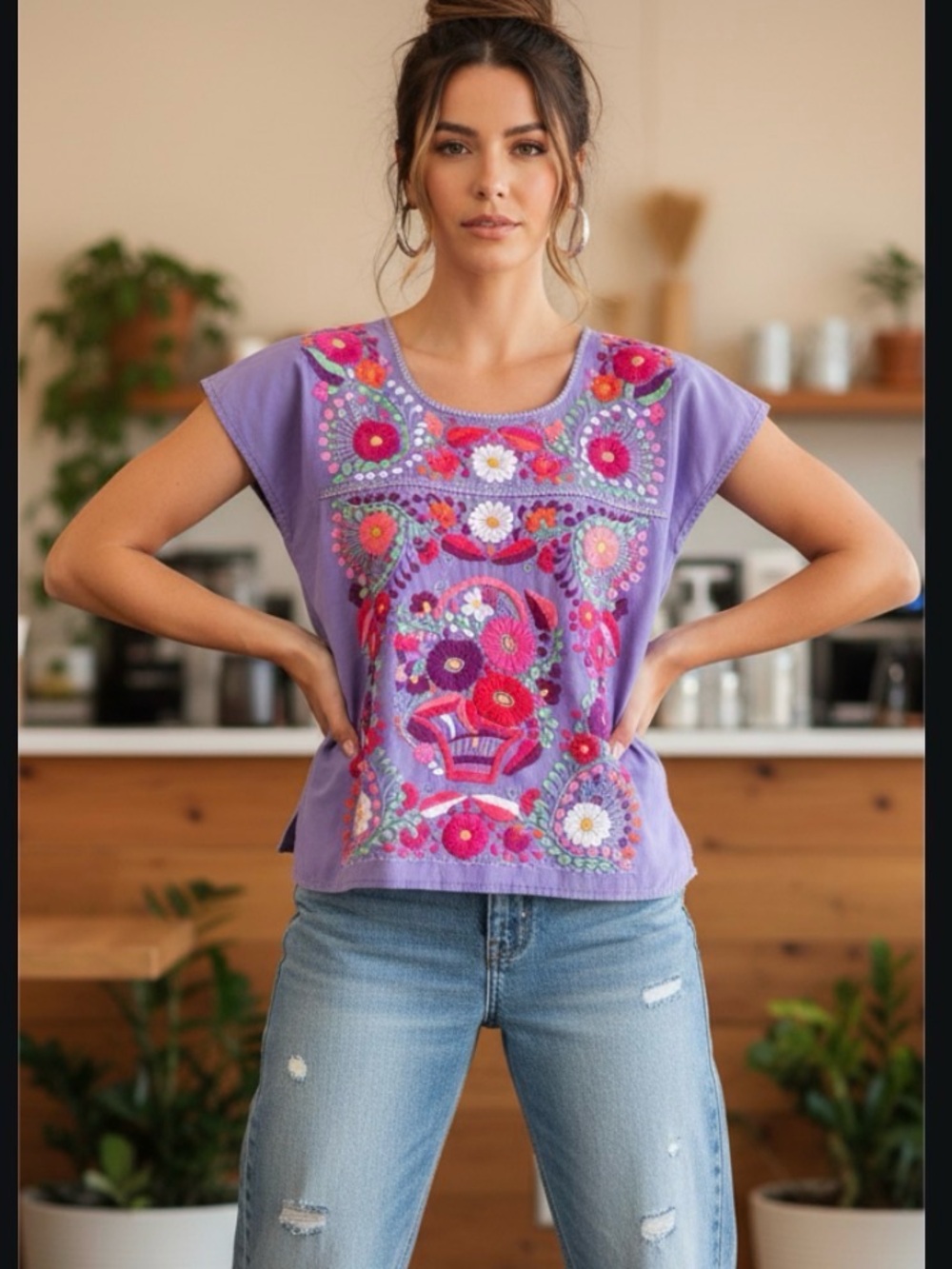 MEXICAN Campasina Blouse, Artisan-made,Hand-embroidered 100% Lavender Cotton (M)